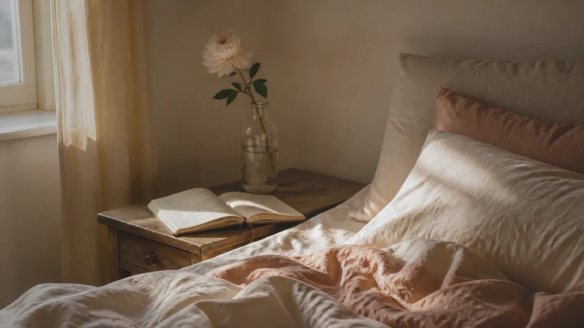 Soft armchair and side table with a book and steaming mug