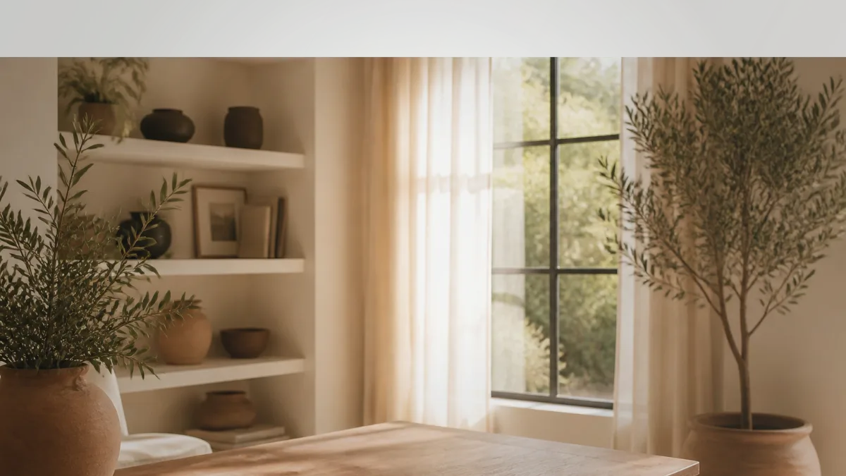 Cream wall with soft leaf shadows and a terracotta vase